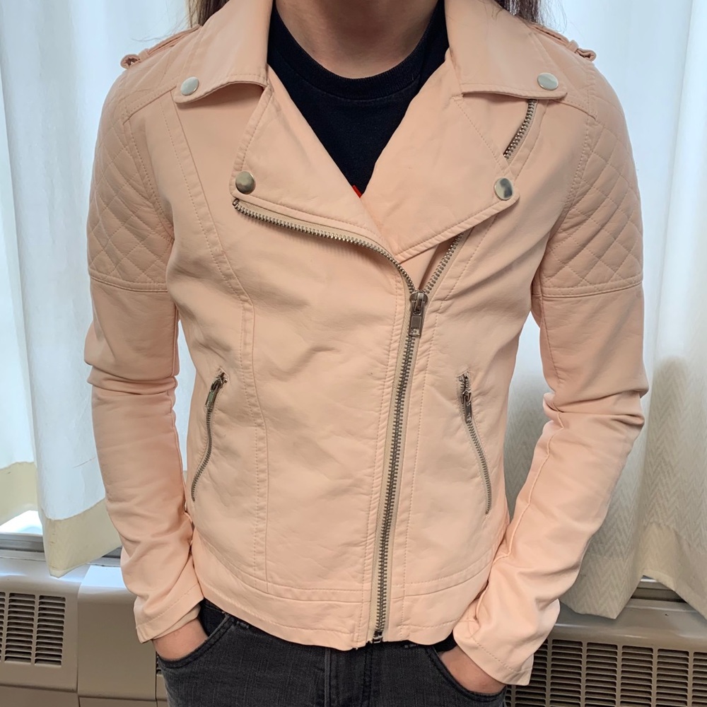 pastel pink faux leather moto jacket